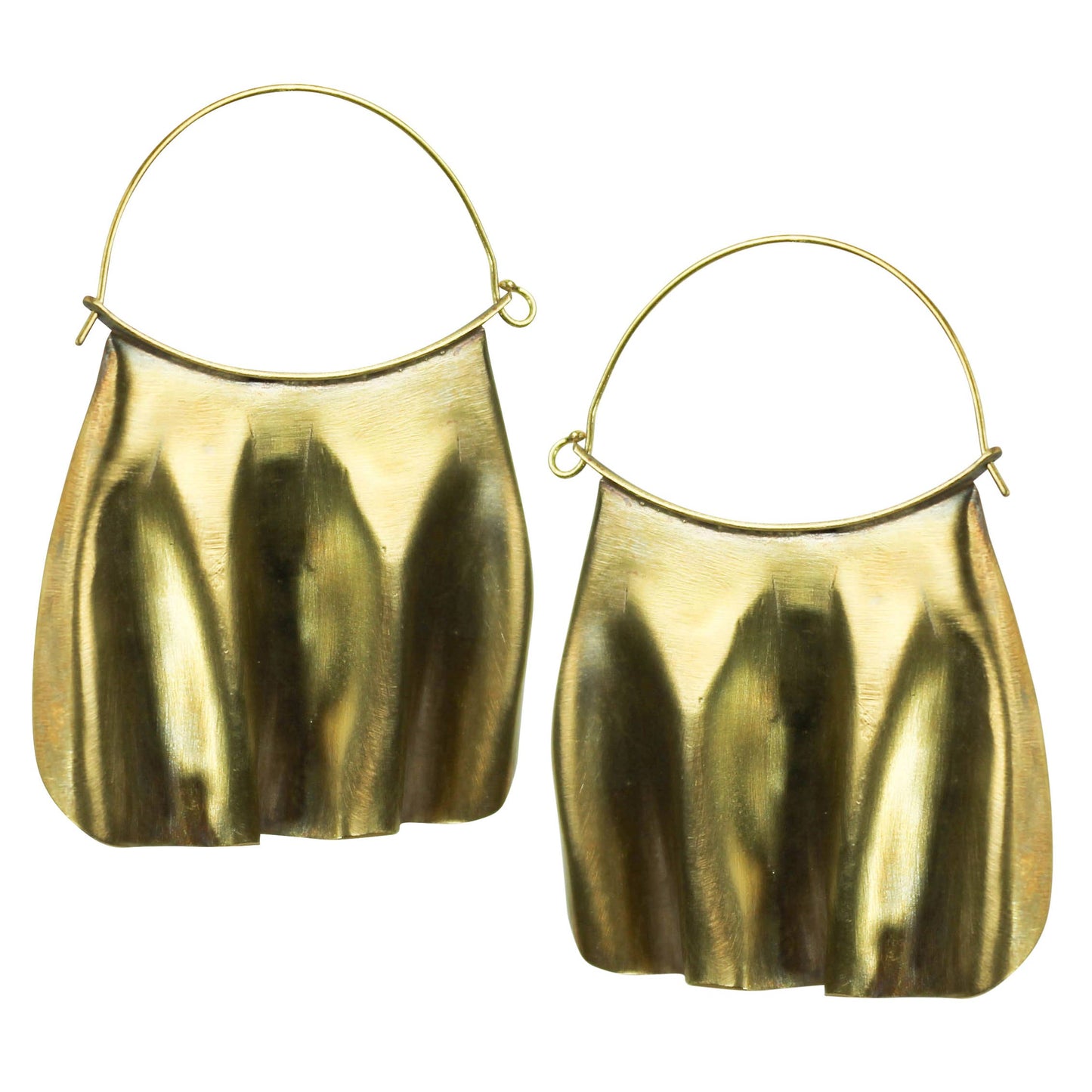 Ruffled brass hook earring on white background