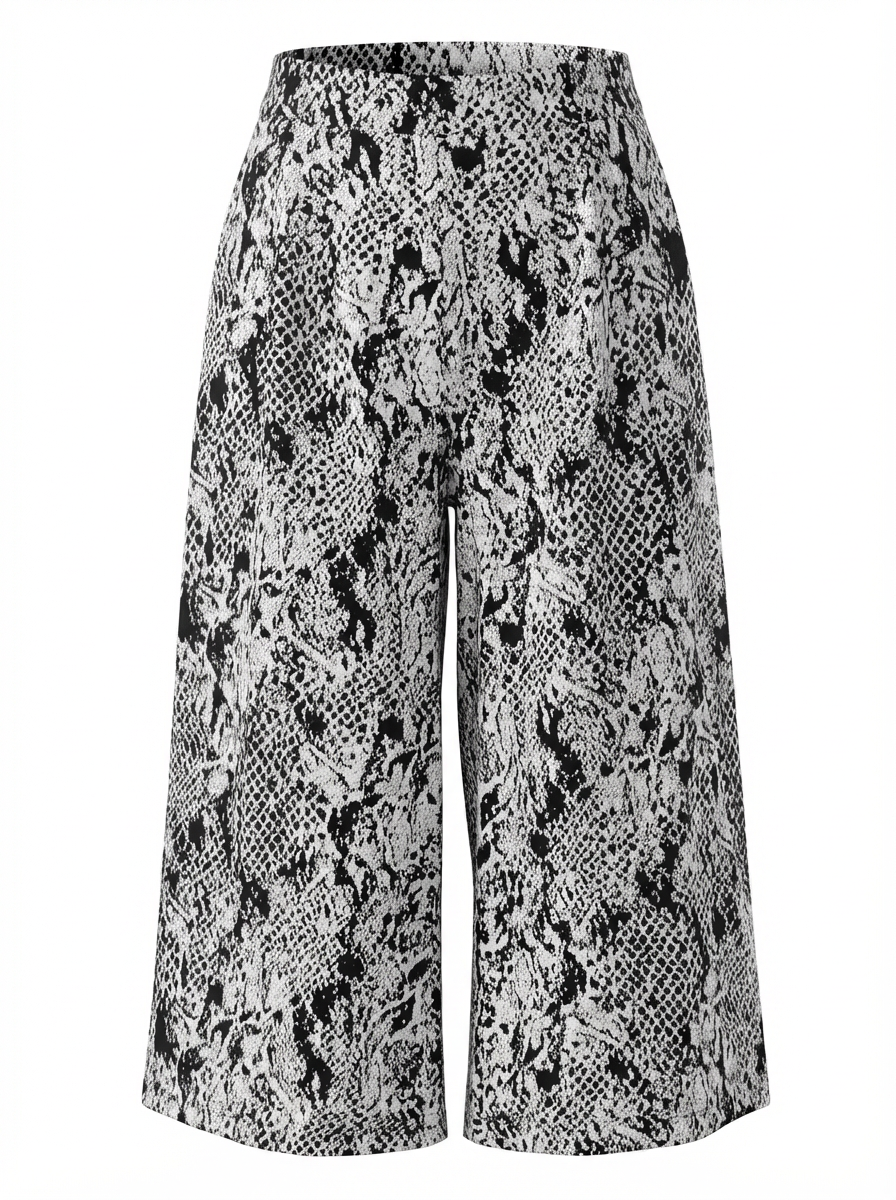 Wide-leg pants with lace/snake print on a white background