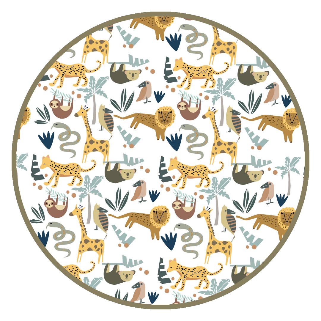 Circular pattern of cartoon animals on a white background