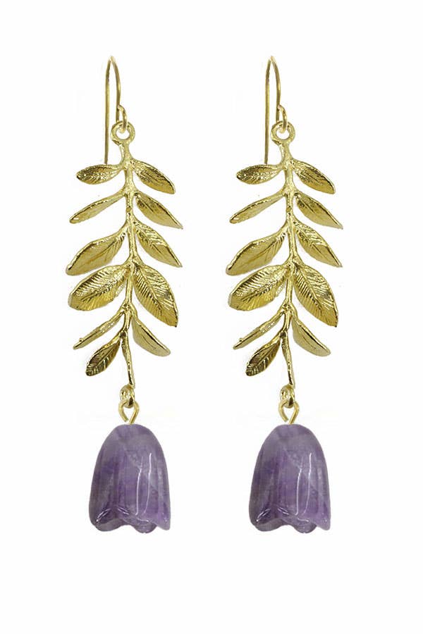 Gold leaf earrings with purple flowers on a white background