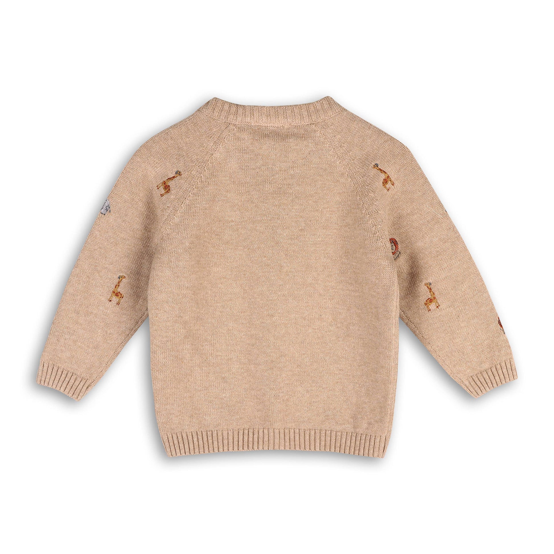 back of light brown sweater knit raglan sleeve baby pullover, featuring safari animals embroidery