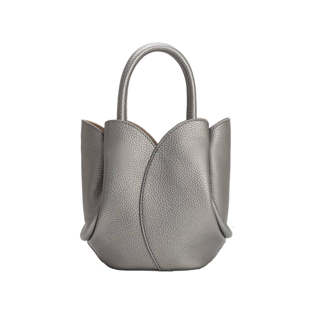 Silver handbag with a textured surface on a white background