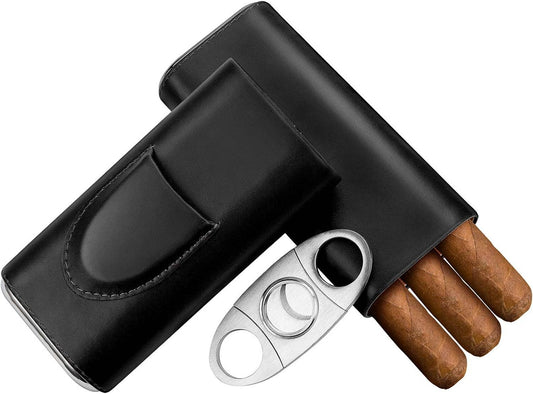 Wood Lined Leather Cigar Case with Cutter - Black