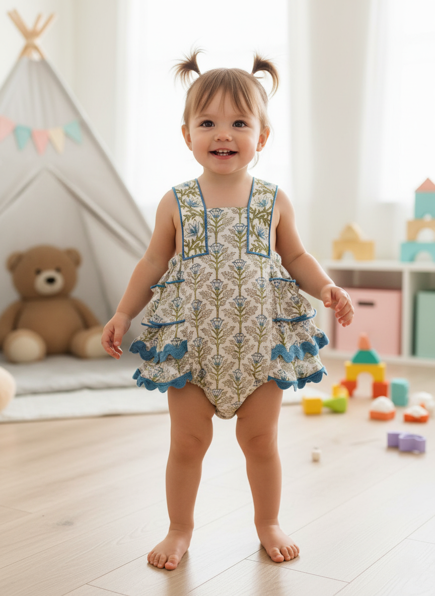 Child wearing a patterned romper in a room with toys and a teddy bear.