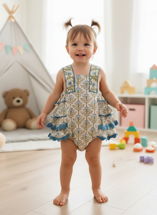 Child wearing a patterned romper in a room with toys and a teddy bear.