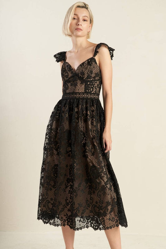 Woven Lace Midi Dress - Black