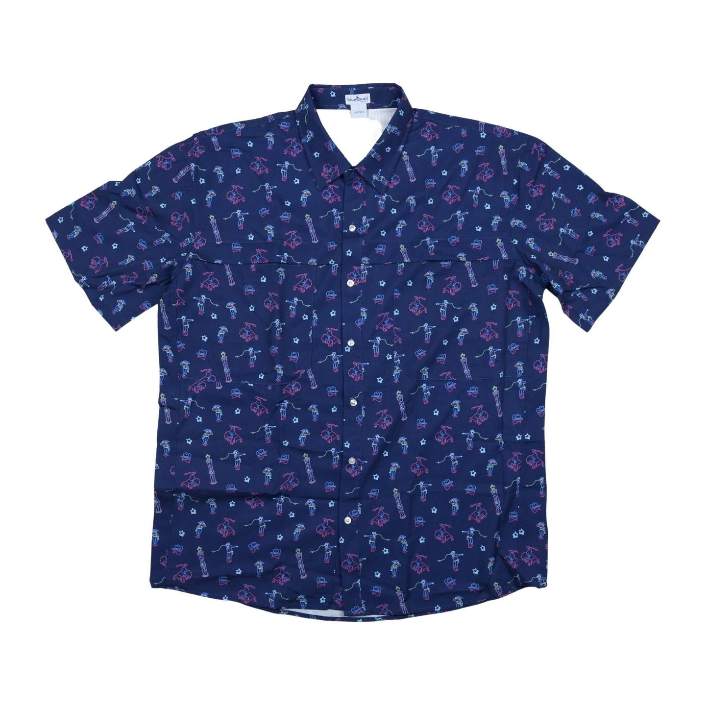 Navy blue print short sleeve shirt on a white background