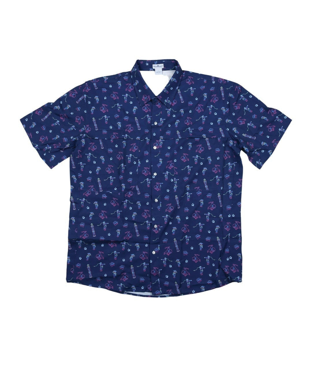 Navy blue print short sleeve shirt on a white background