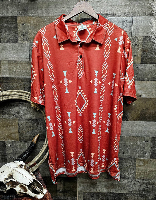 Men's Aztec Western Polo Shirt - Rust Brown