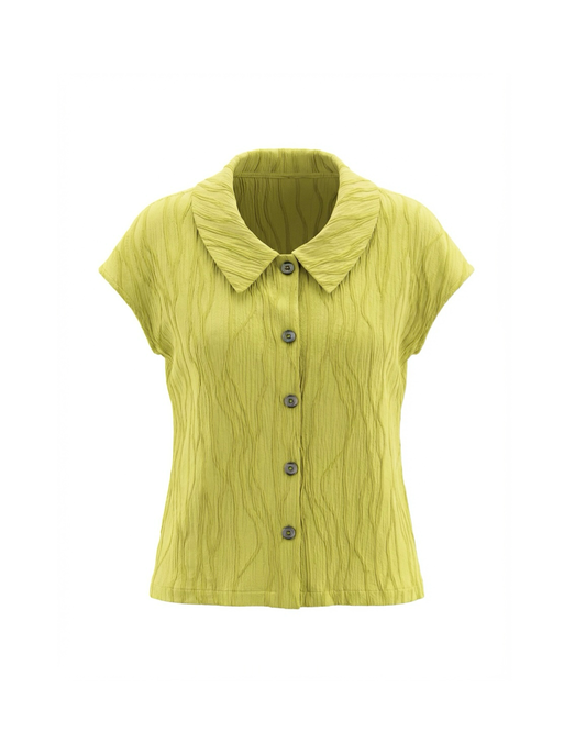 Yellow short-sleeve shirt with a collar on a white background