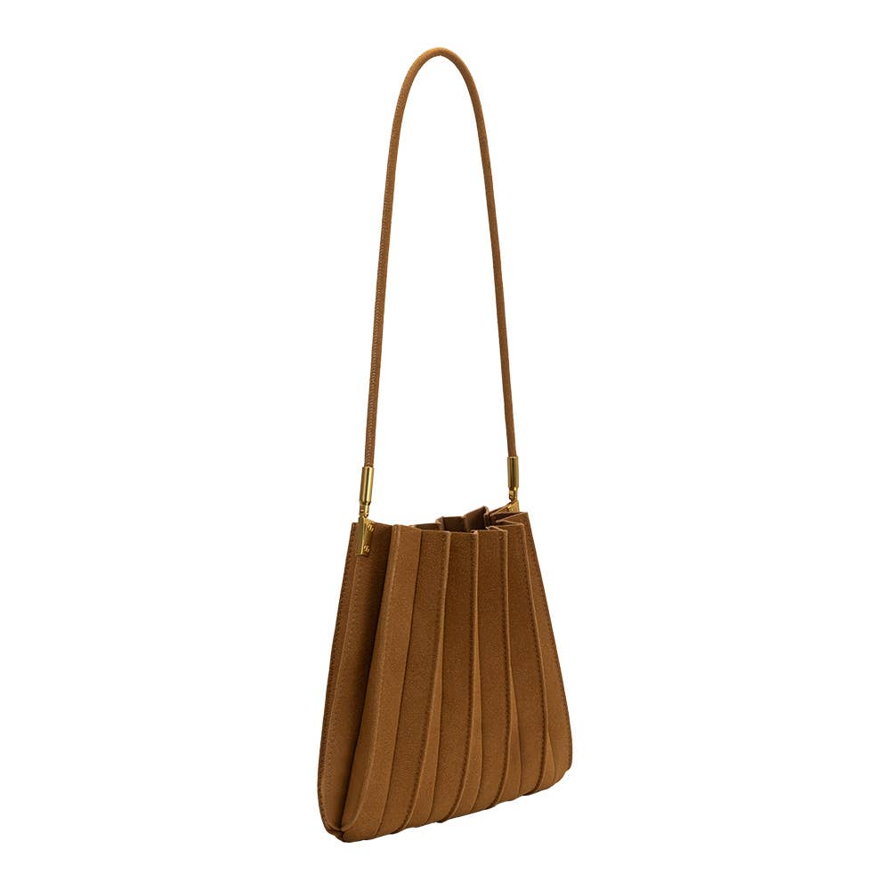 A brown pleated shoulder bag with a single long strap and gold-tone hardware, shown against a plain white background.
