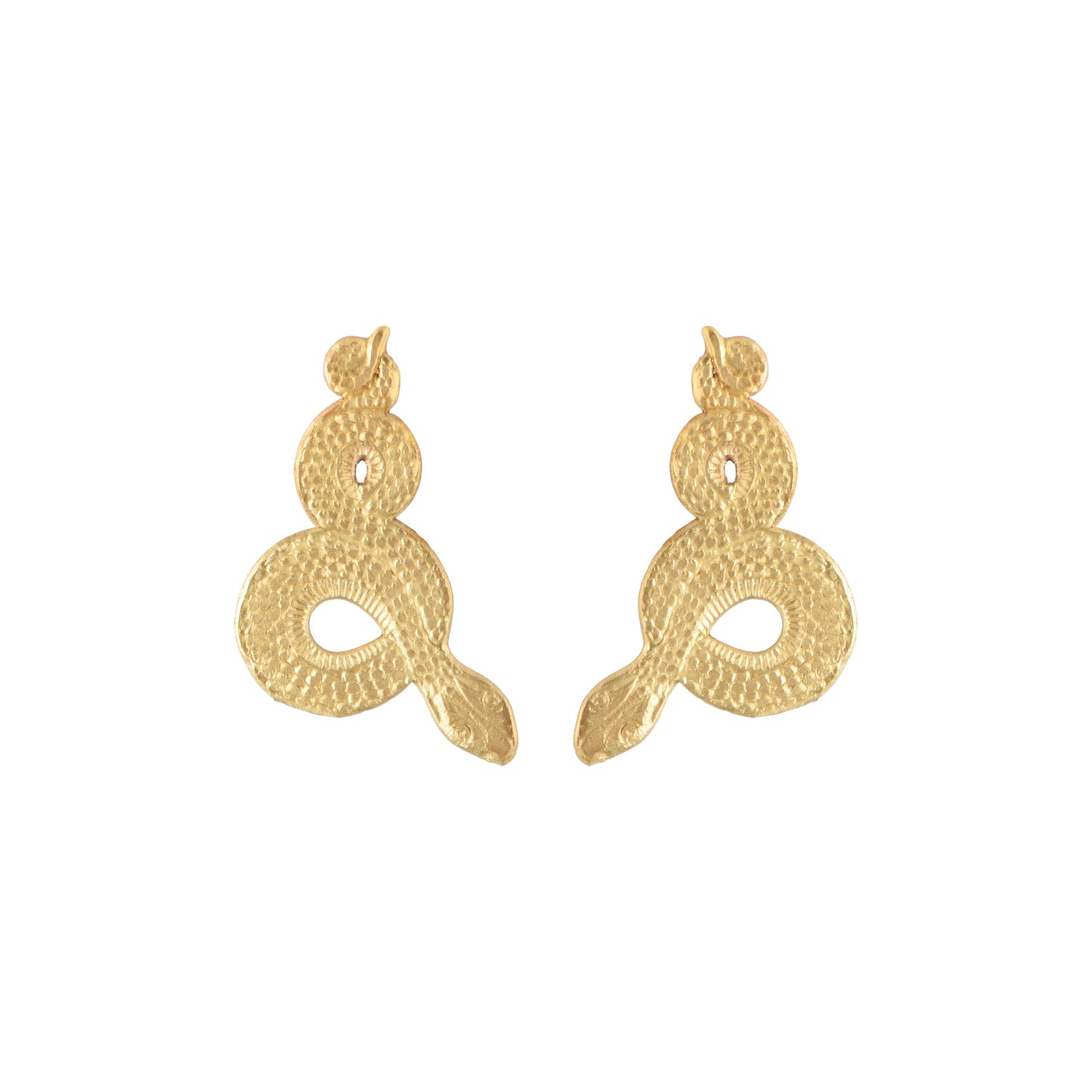 Gold snake-shaped earrings on a white background