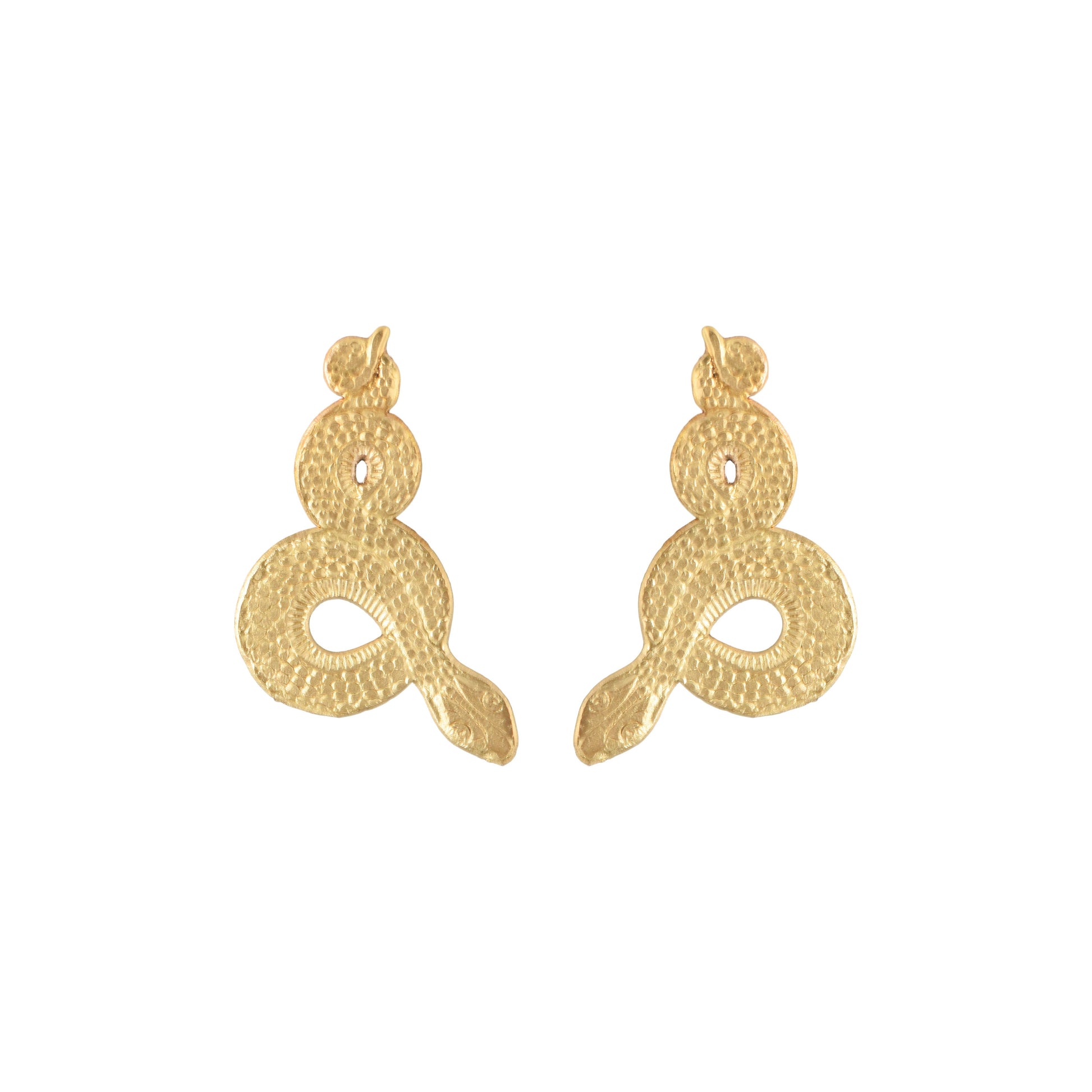 Gold snake-shaped earrings on a white background