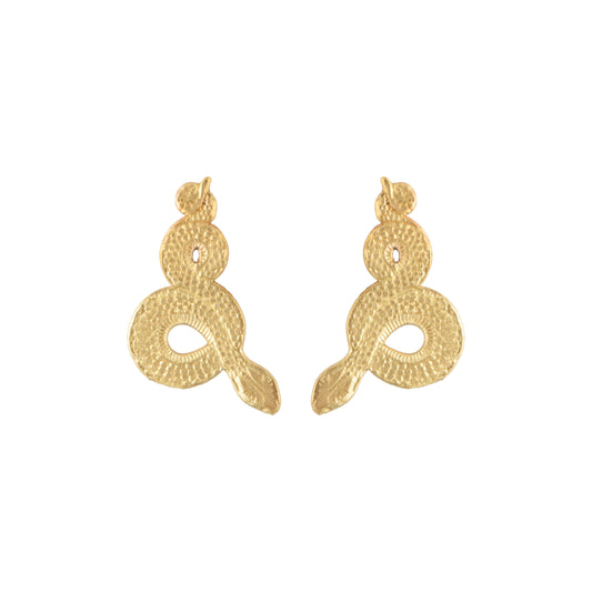 Gold snake-shaped earrings on a white background