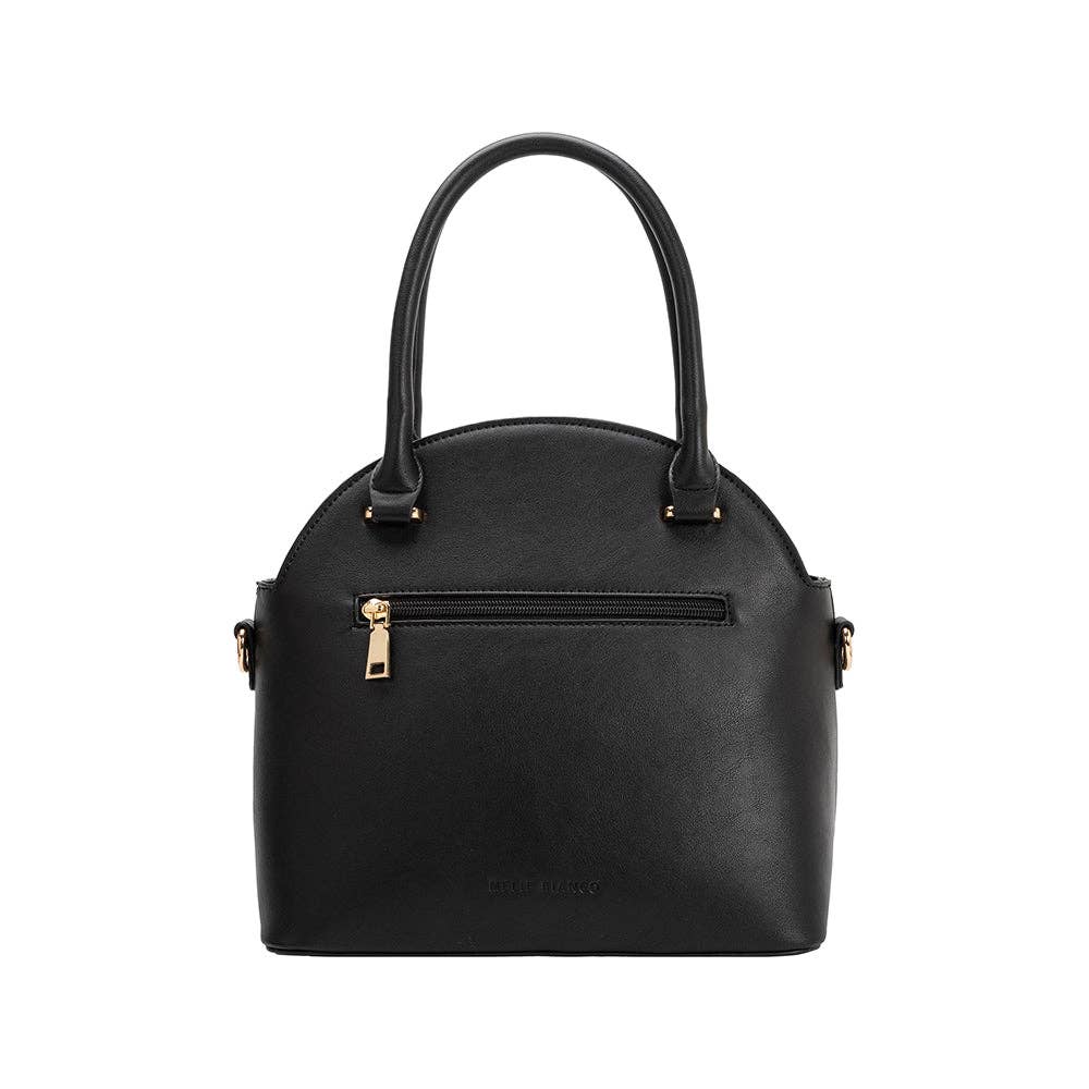 back view of black handbag showing zipper pocket on white background