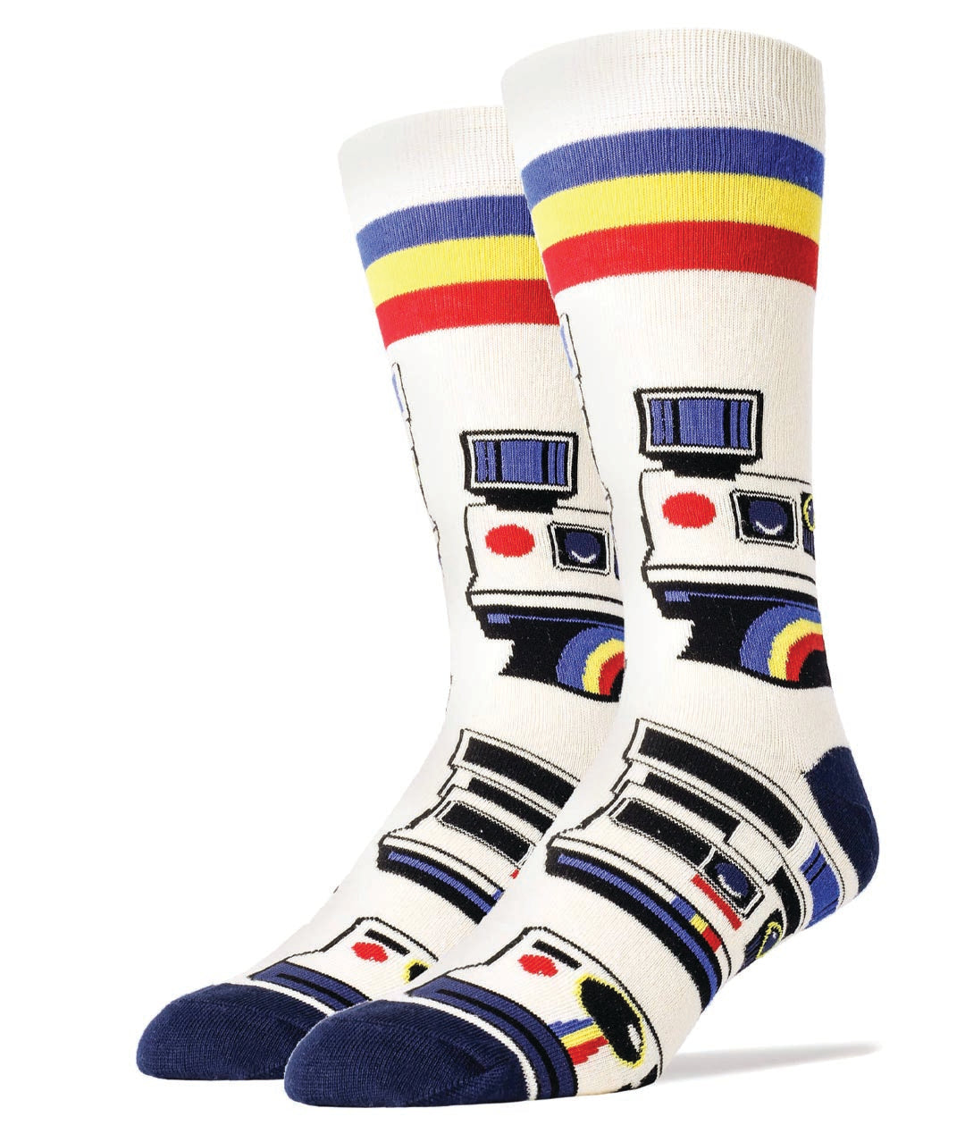 A pair of men's socks with colorful vintage camera stripes pattern.