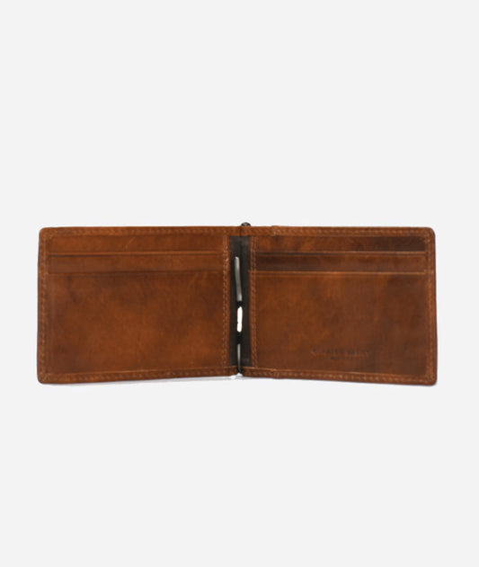 open brown wallet against a white background