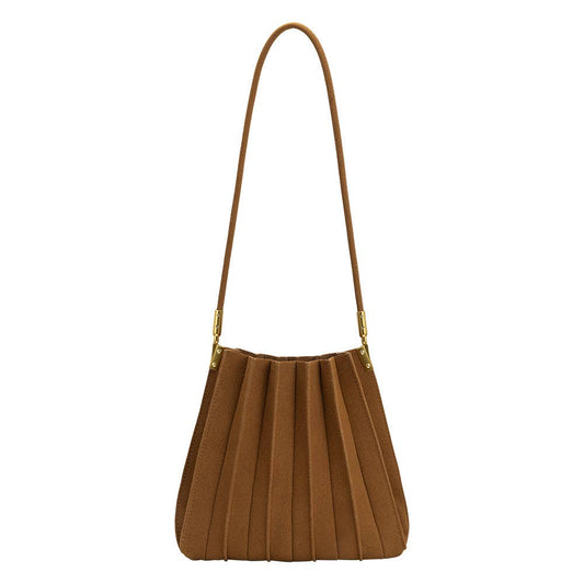 A brown pleated shoulder bag with a single strap and gold-tone hardware, shown against a plain white background.