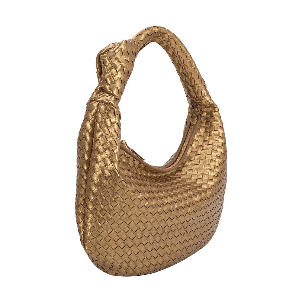 side view woven handbag with knit in strap on white background