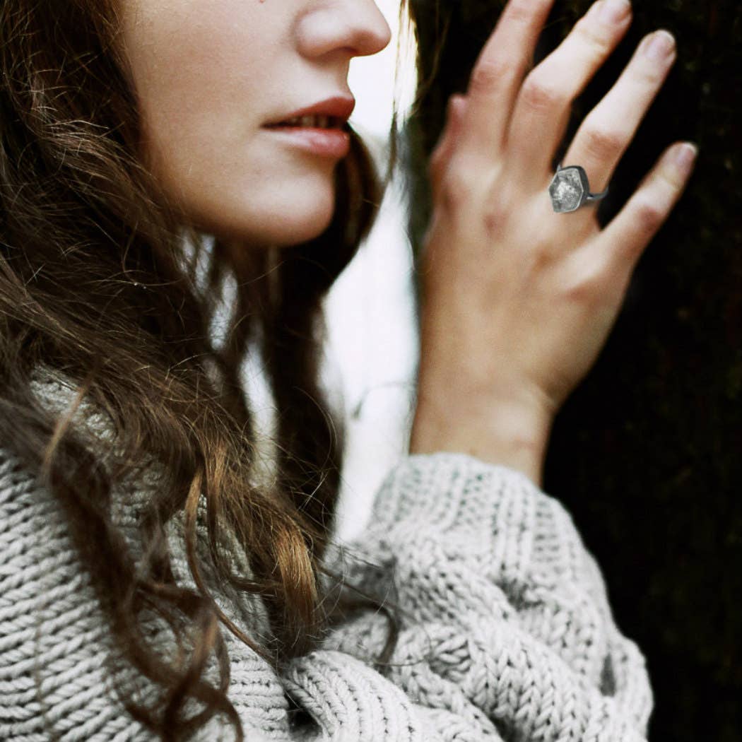 close up of model wearing herkimer stone sterling ring