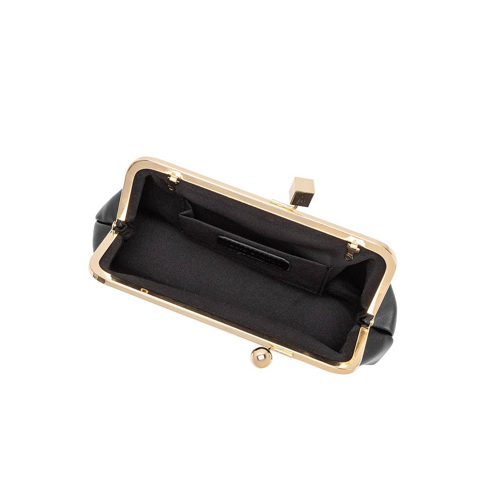 Black kiss-lock clutch purse with a gold-tone metal frame and black interior lining, shown open against a white background.