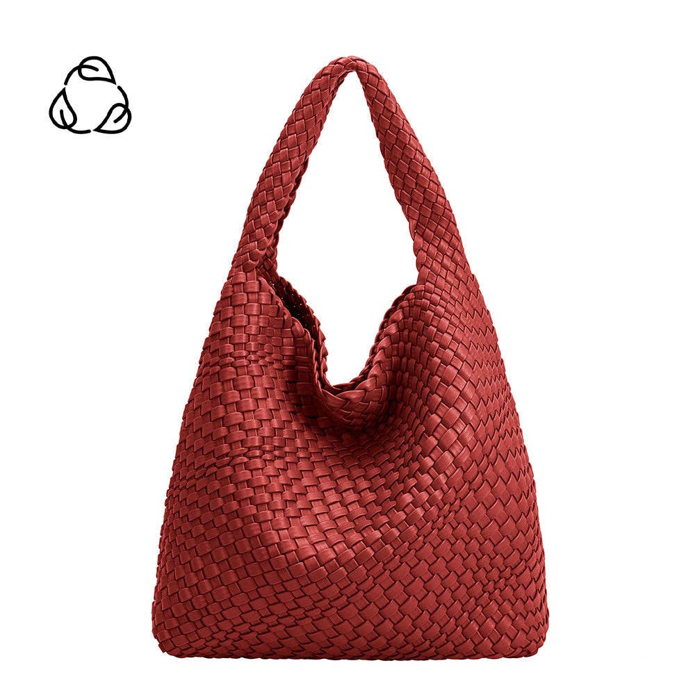 A red, woven Johanna shoulder tote bag made from recycled vegan leather.