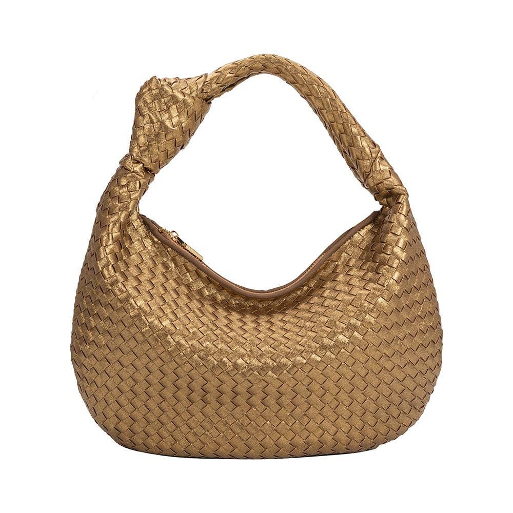 woven handbag with knit in strap on white background