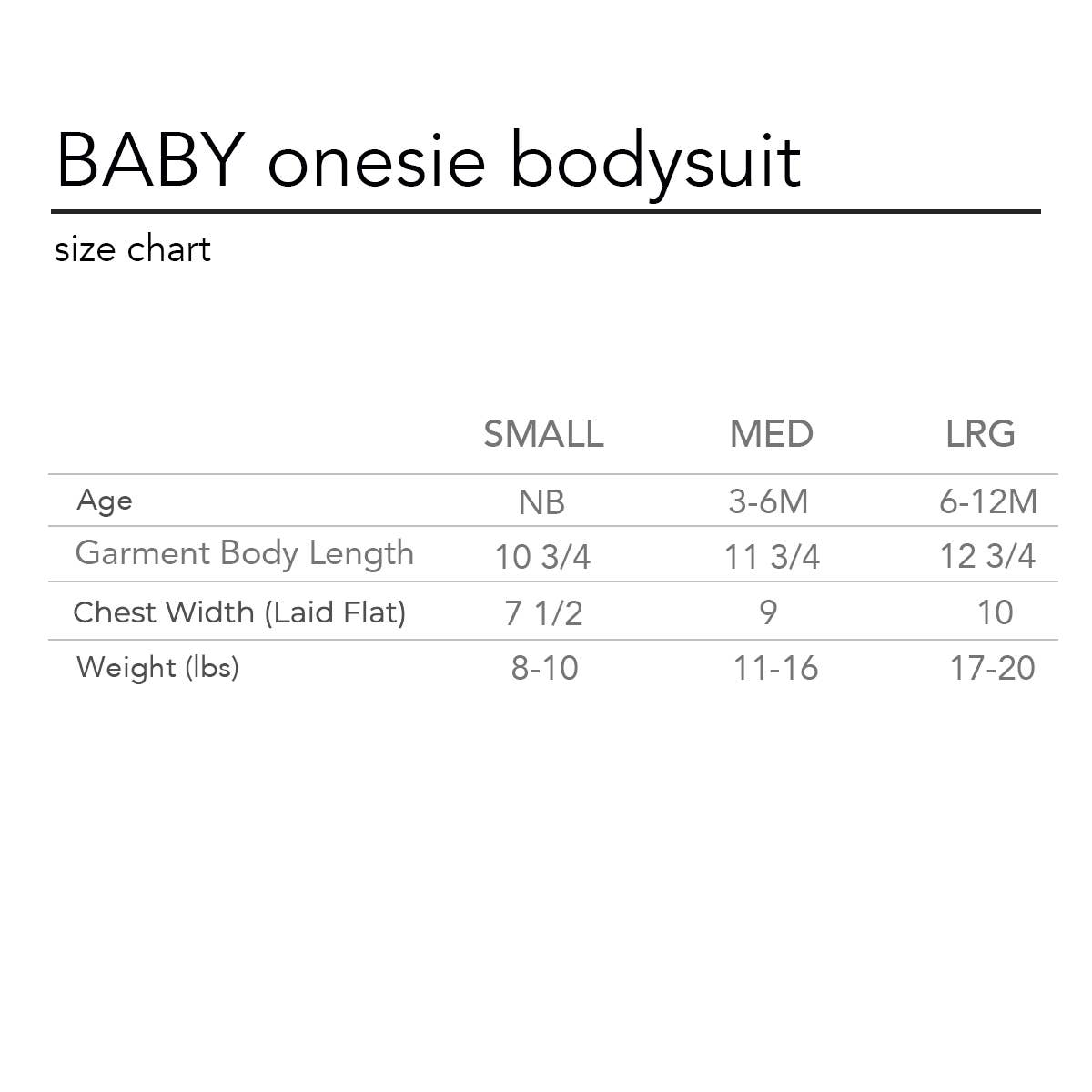 Baby onesie bodysuit size chart with age, garment body length, chest width, and weight measurements.