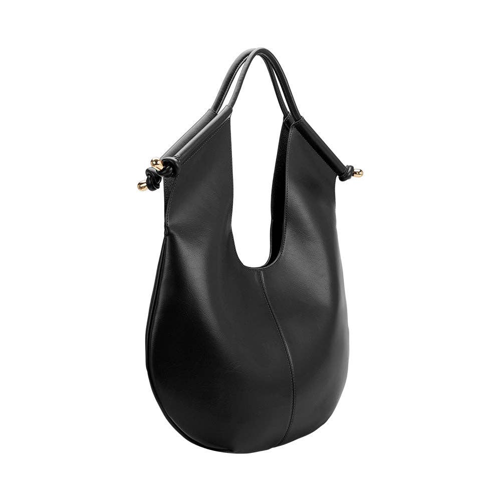 Black leather shoulder bag with knotted design and gold hardware on the handles.