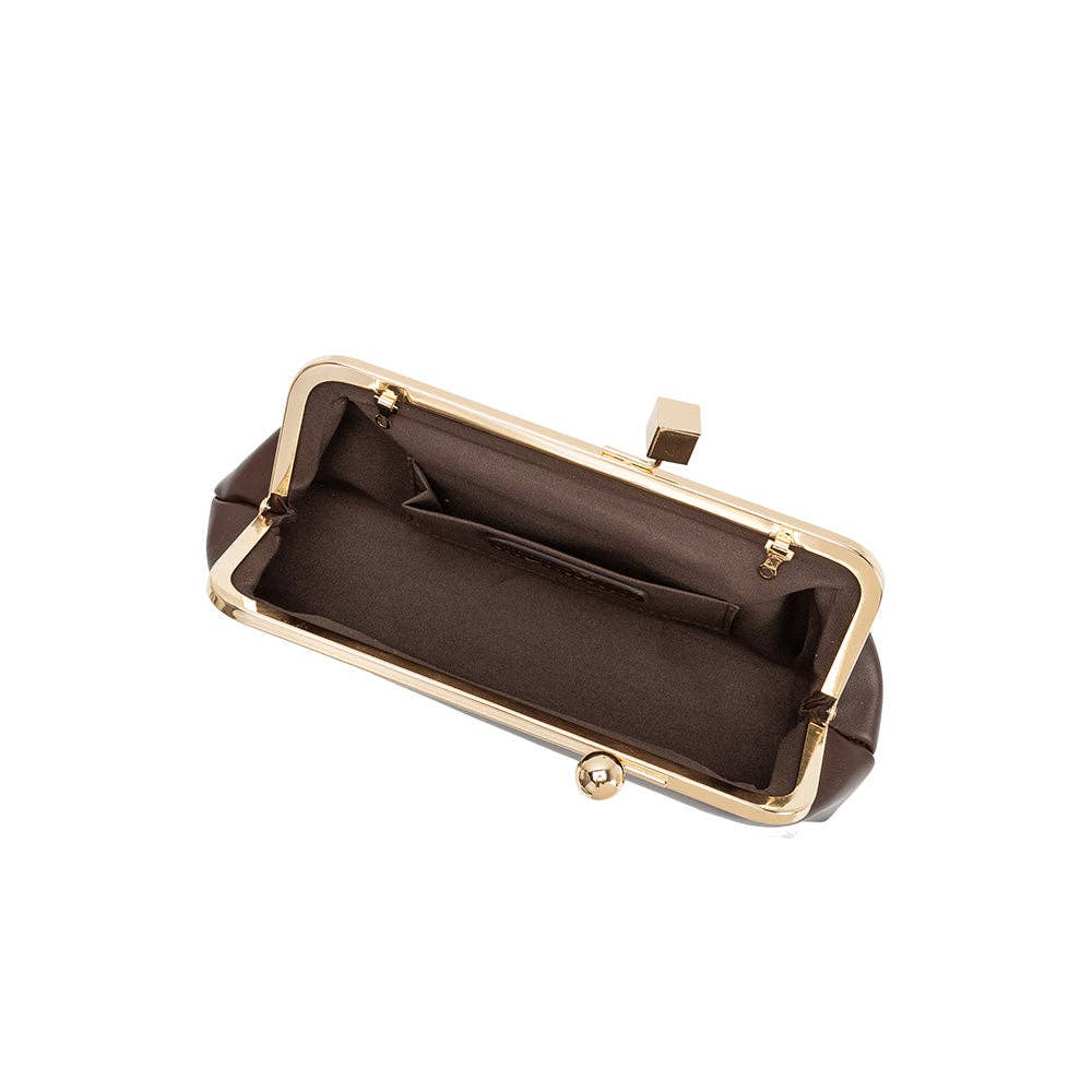 An open dark brown leather clutch bag with a gold-tone metal kiss-lock frame and interior coin pocket, shown on a plain white background.