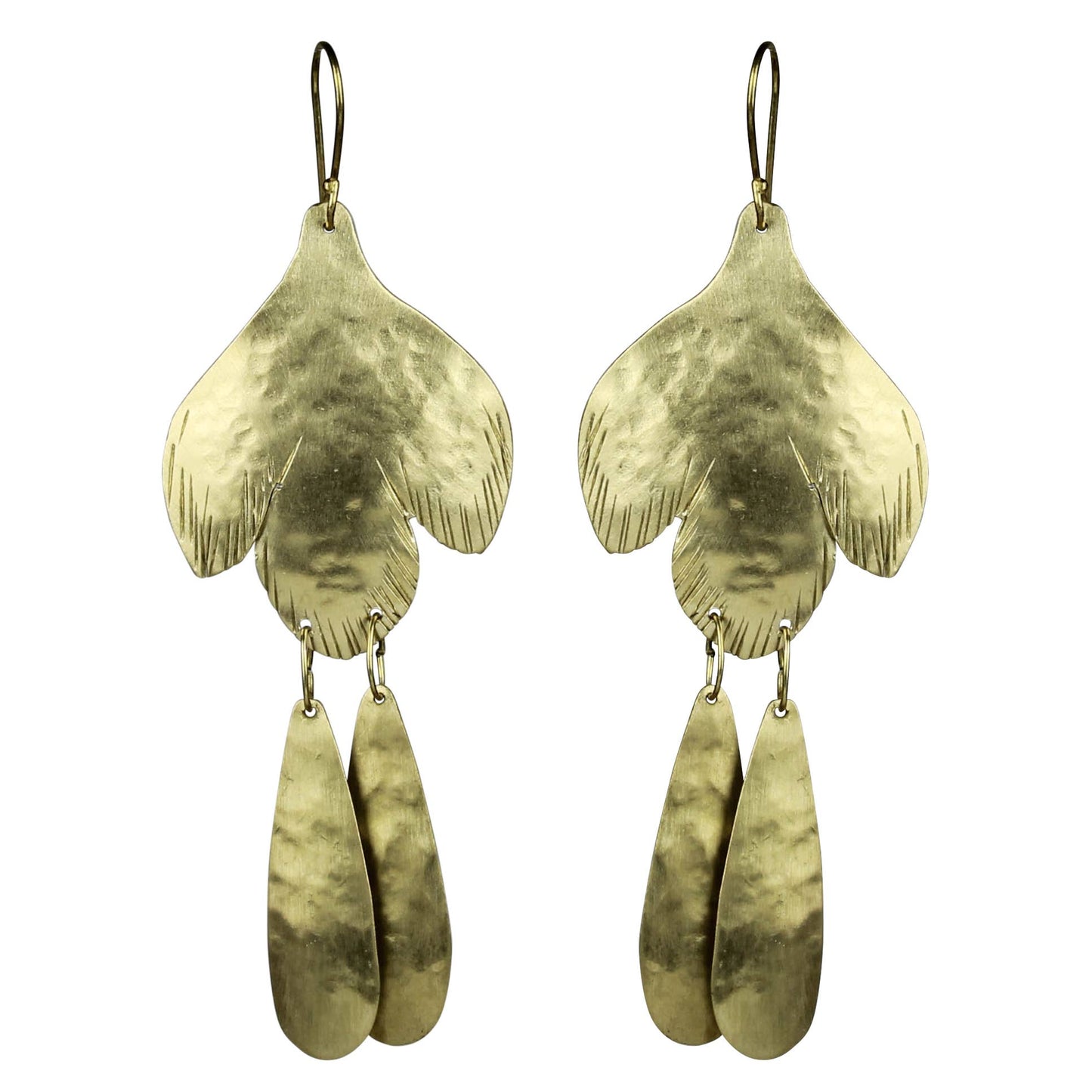 brass dangle earrings with stylized bird shape. on white background