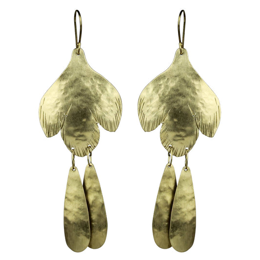 brass dangle earrings with stylized bird shape. on white background