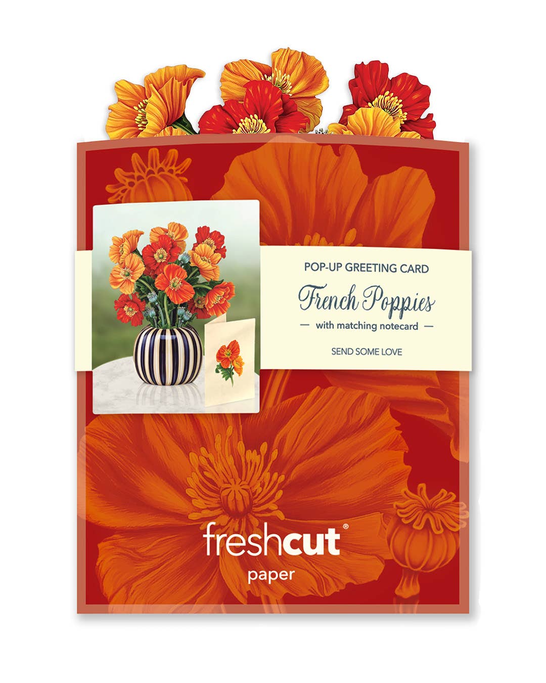 Pop-up greeting card with matching notecard featuring French Poppies design, on a red floral background with 'freshcut paper' branding.