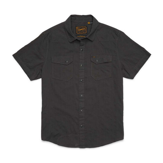 Charcoal black shortsleeve pearl snap shirt on a white background