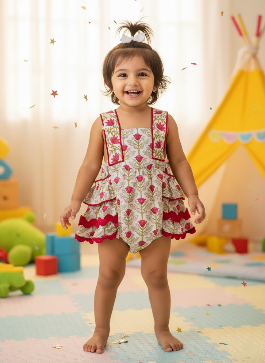 Child wearing a floral dress in a playroom with toys and a colorful mat.