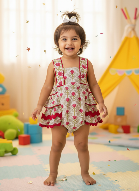 Child wearing a floral dress in a playroom with toys and a colorful mat.