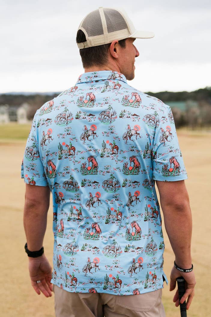 back view of blue western-patterned shirt
