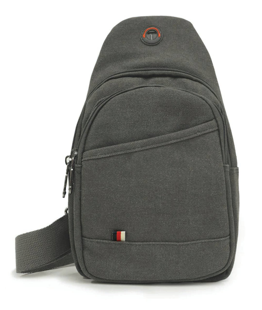 the image shows a grey crossbody bag against a white backdrop
