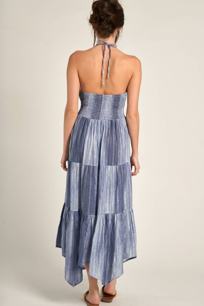 Halter Neck Tiered Maxi Dress - Navy