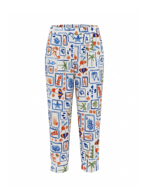 Colorful patterned pants on a white background