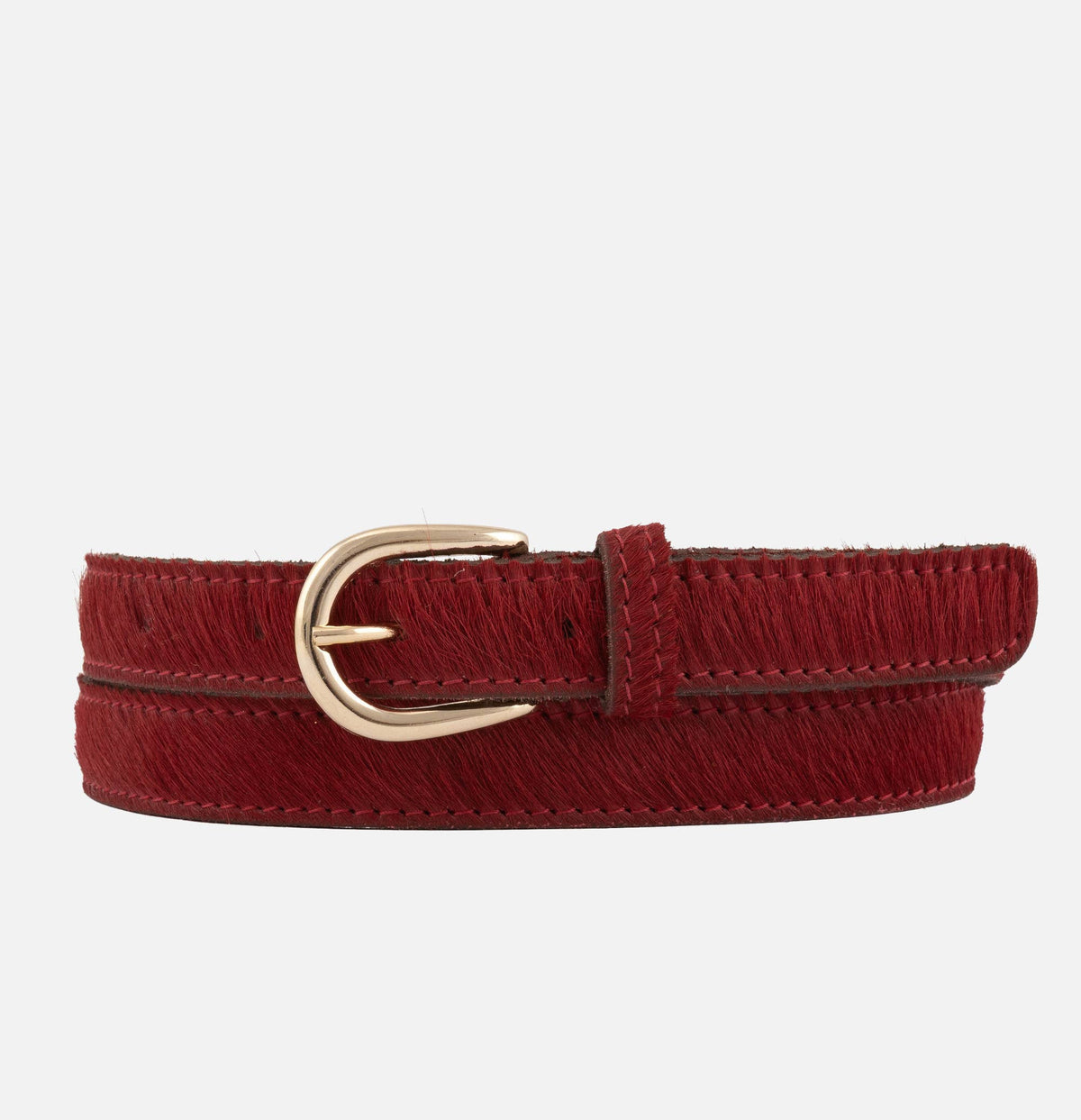 Red belt with a gold buckle on a white background
