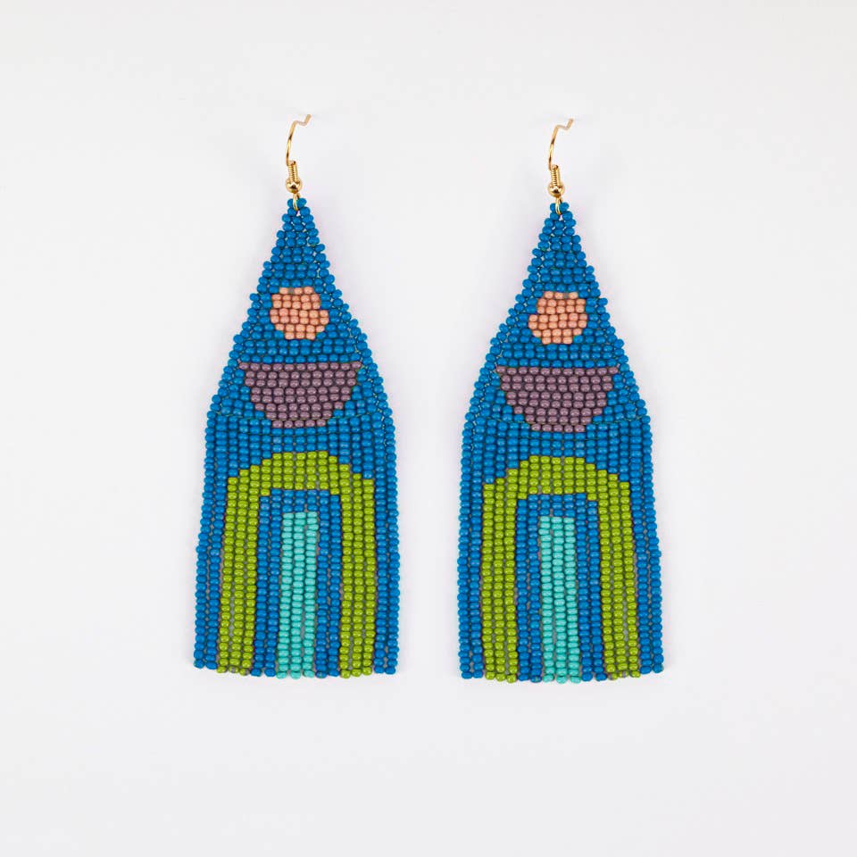 Glass seed beads and gold plated french ear wire earrings in teal, green, aqua and peach. on a white background