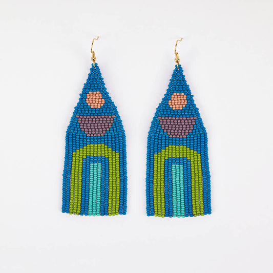 Glass seed beads and gold plated french ear wire earrings in teal, green, aqua and peach. on a white background