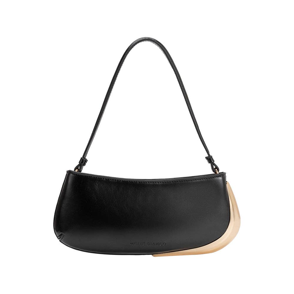 Black handbag with gold accent on a white background