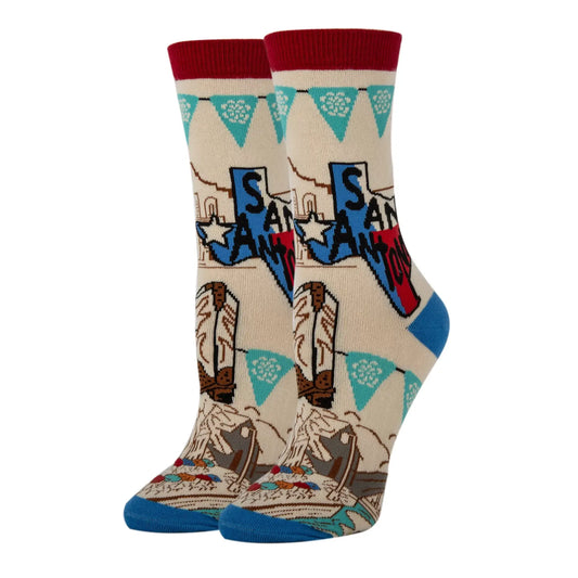 san antonio socks featuring texas state, fiesta banner, the alamo, cowboy boots and the riverwalk