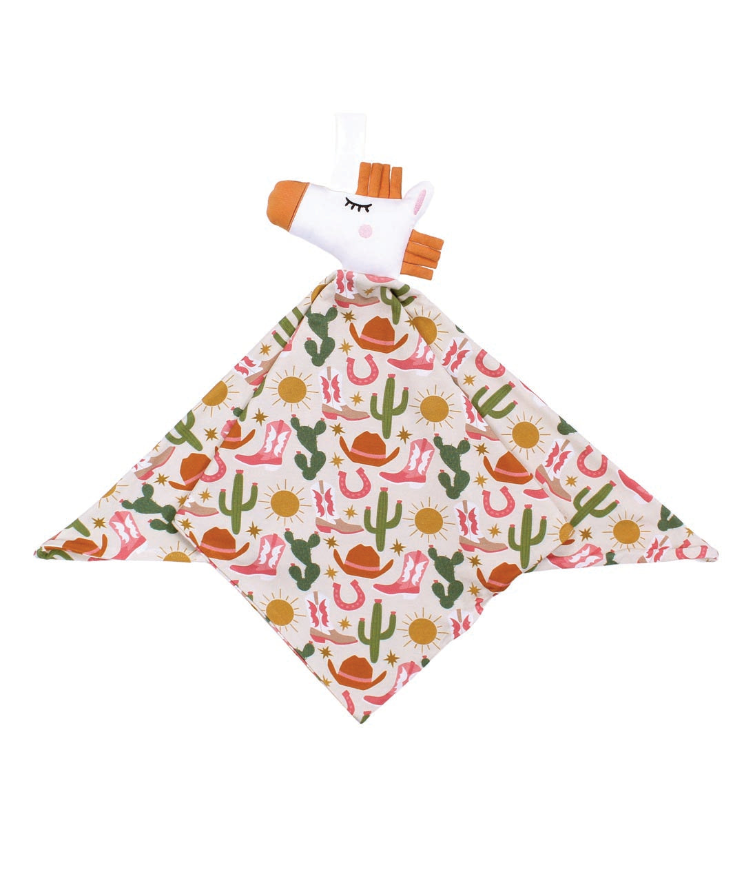 Baby comfort blanket with cowboy pattern and plush toy on a white background