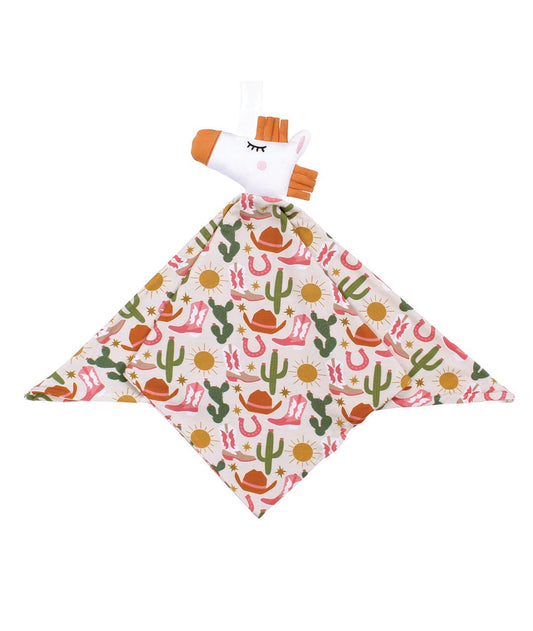 Baby comfort blanket with cowboy pattern and plush toy on a white background