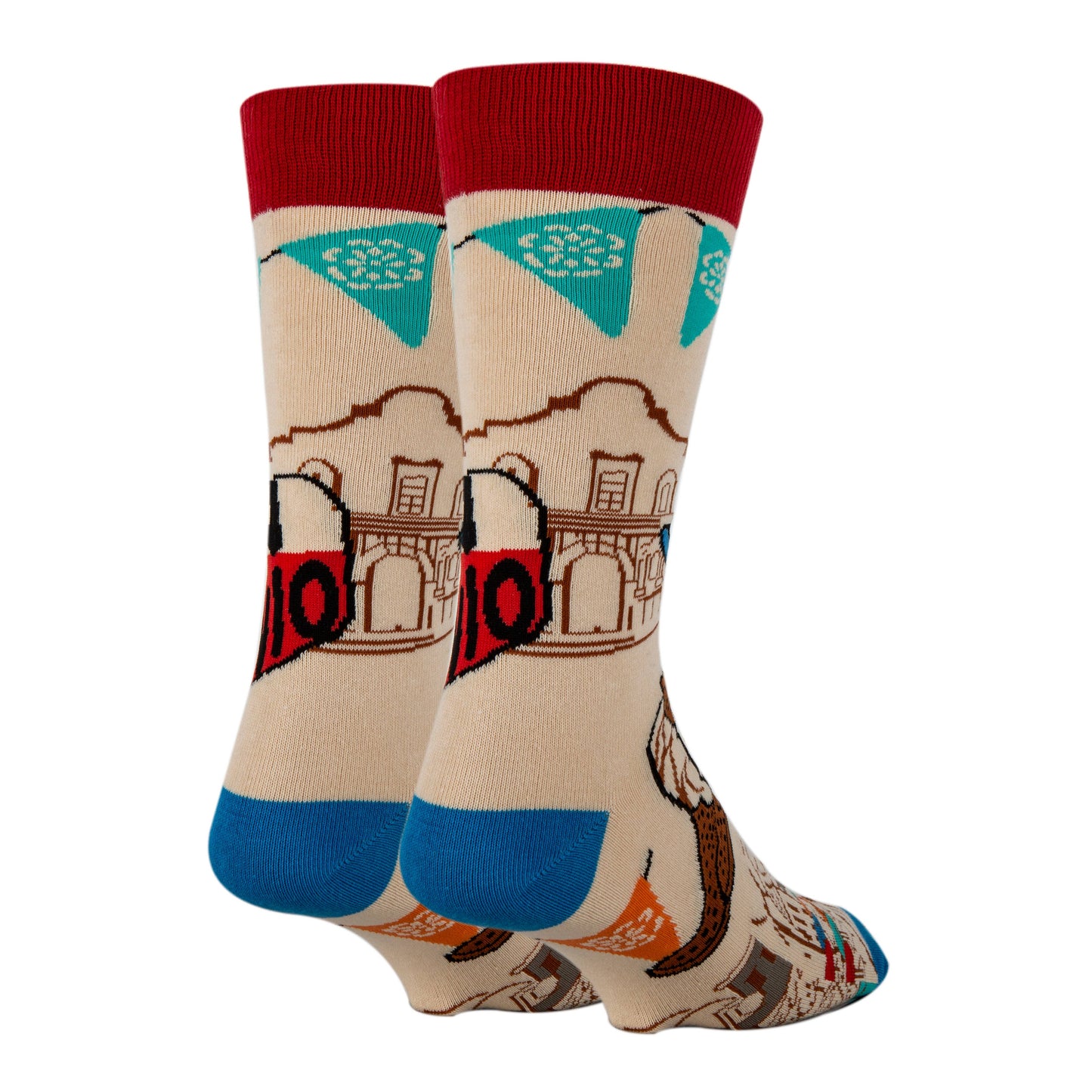 back of san antonio socks showing fiesta banner, the alamo and the riverwalk