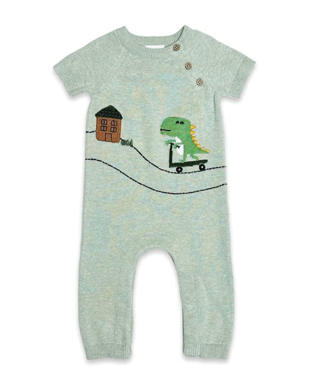 green knit baby jumpsuit featuring dinosaur on a scooter and a house