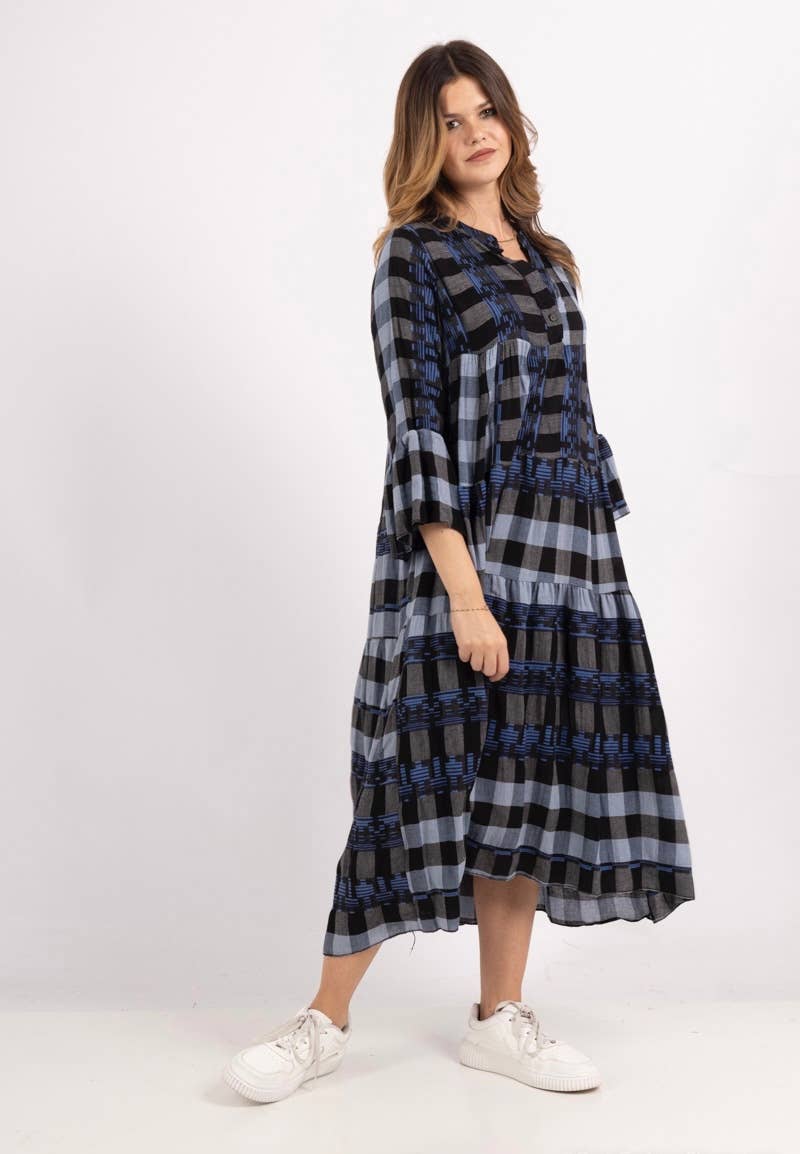 Pattern Cotton Dress - Navy